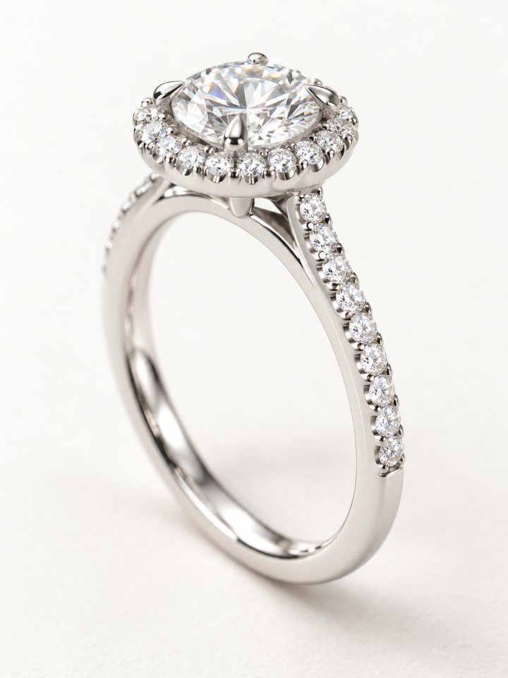 A halo ring in platinum, rendered from its own CAD file